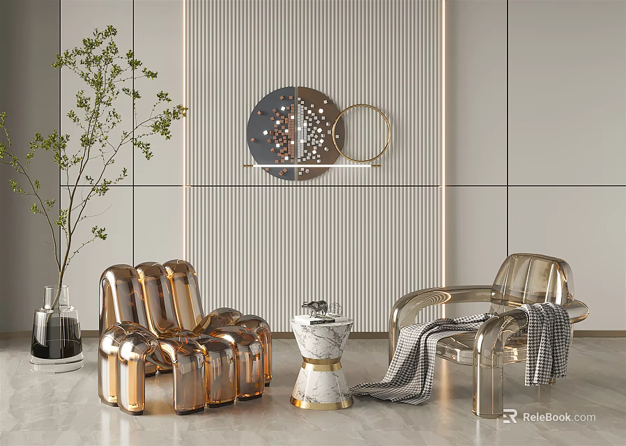 Modern Copper Chairs And Small Round Table In Striped Wall With Green Plant And Decorations 3d model 
