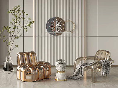 Modern Copper Chairs And Small Round Table In Striped Wall With Green Plant And Decorations 3d model