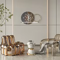 Modern Copper Chairs And Small Round Table In Striped Wall With Green Plant And Decorations