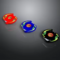 Colorful Spinners With Red Blue Black Bodies And Yellow Decorative Patterns