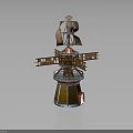 Ornate Windmill Structure With Wooden Rotating Blades Red Tower And Decorative Top