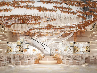 Elegant Banquet Hall Interior Design With Golden Leaf Ceiling Decor Chandeliers Staircase And Chairs 3d model