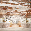 Elegant Banquet Hall Interior Design With Golden Leaf Ceiling Decor Chandeliers Staircase And Chairs