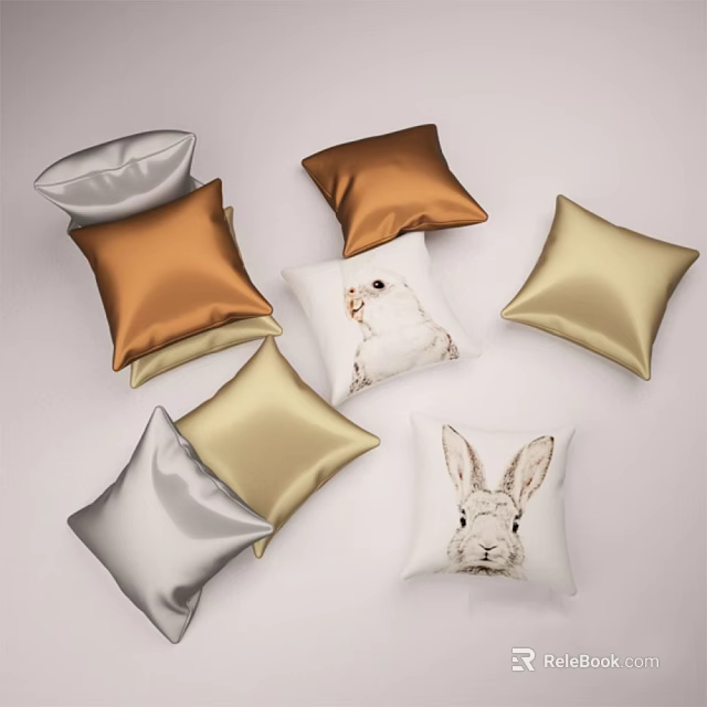 Decorative Throw Pillows in Silver Gold Brown with Rabbit Print for Home Decor 3d model 