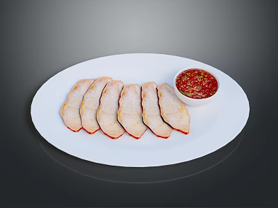 Fresh Tender Sliced Meat Served With Red Sauce On White Plate 3d model