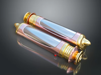 Transparent Cylindrical Weapon Projectiles With Copper Gold Decorative Accents And Shiny Surface On Dark Background 3d model