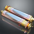 Transparent Cylindrical Weapon Projectiles With Copper Gold Decorative Accents And Shiny Surface On Dark Background