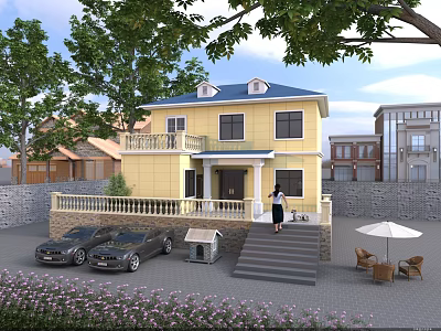 Bright Detached Villa With Yellow Exterior Blue Roof Front Steps Parking And Garden Trees 3d model