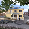 Bright Detached Villa With Yellow Exterior Blue Roof Front Steps Parking And Garden Trees