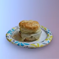 Delicious Chicken Biscuit Sandwich on Colorful Paper Plate with Egg Layer