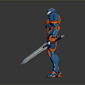 Sci Fi Armored Character With Blue Red Armor Spikes And Long Sword