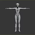 White Robot With Mechanical Structure Helmet And Arms Outstretched Standing On Gray Background