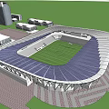 Soccer Field With Green Turf White Lines Surrounding Stands And Background High Rise Buildings