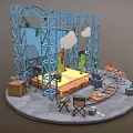 Cartoon Scene Setup With Blue Metal Frame Clouds Cacti Yellow Ground And Filming Props