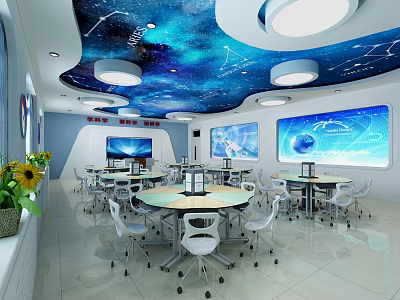 Modern Laboratory Interior With Starry Sky Ceiling Round Tables White Chairs And Large Screens 3d model