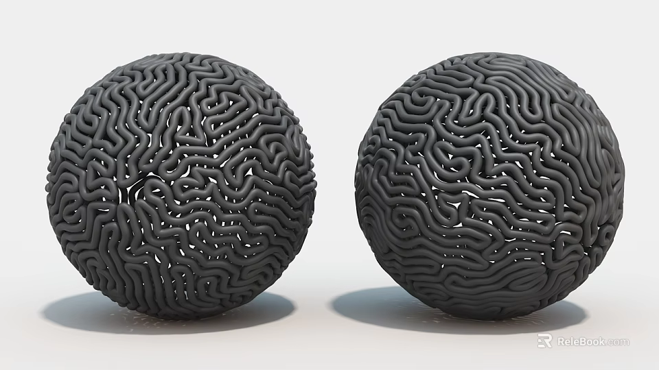 Two Black Spherical Art Installations With Intricate Maze Like Surface Patterns 3d model 