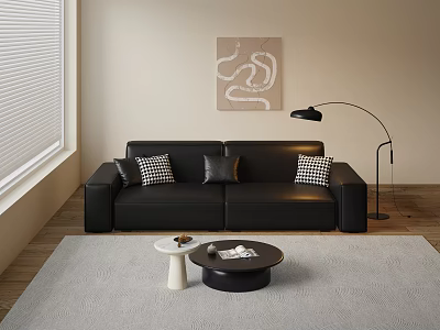 Black Leather Sofa With Plaid Cushions And Coffee Table Set In Modern Living Room 3d model