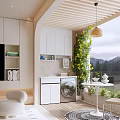 Modern Home Balcony Design With White Cabinets Washing Machine Green Vines Hanging Lamp And Wooden Floor
