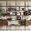 Elegant Modern Wooden Bookshelf With Books Decorative Ornaments Photo Frames And Small Sculptures