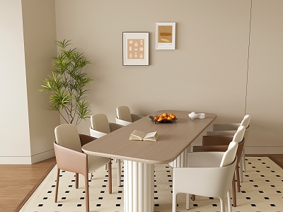 Cream Style Dining Table and Chair Long Table Ornaments Hanging Painting Green Plant 3d model