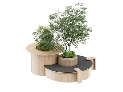 Wooden Circular Tree Planters With Green Plants And Black Surface Design 3d model