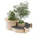 Wooden Circular Tree Planters With Green Plants And Black Surface Design