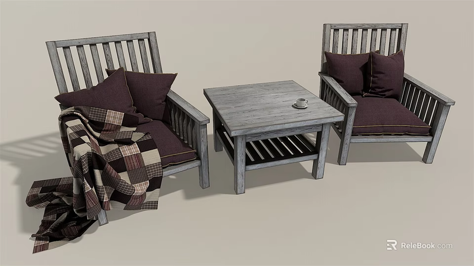 Wooden Table and Chair Set With Comfortable Dark Cushions And Cozy Throw Blanket 3d model 