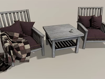 Wooden Table and Chair Set With Comfortable Dark Cushions And Cozy Throw Blanket 3d model