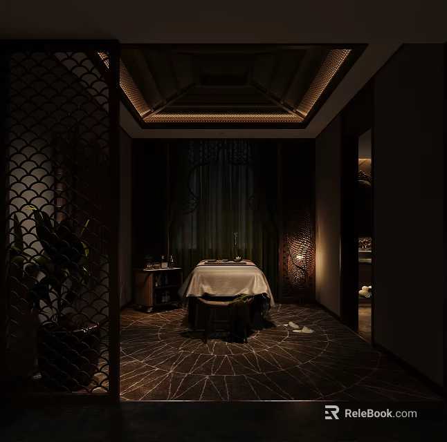 Serene SPA Sauna Room With Massage Bed White Sheet Patterned Floor And Soft Lighting 3d model 