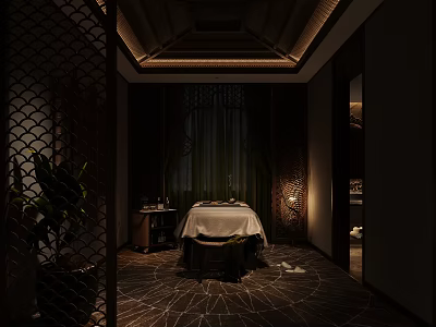 Serene SPA Sauna Room With Massage Bed White Sheet Patterned Floor And Soft Lighting 3d model