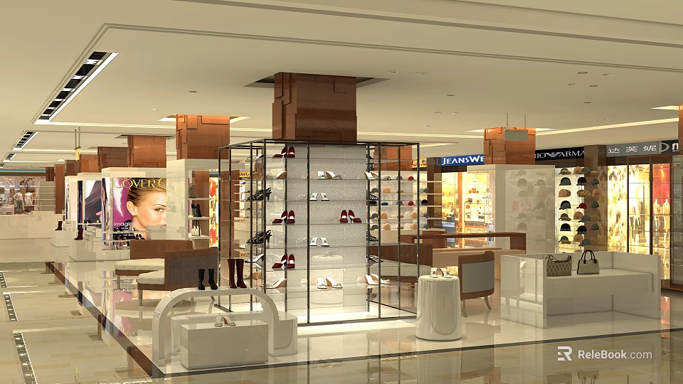 Modern Shopping Mall Shoe Counter With Glass Display Case And Shoe Racks 3d model 
