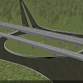 Modern Layered Bridge Over River Connecting Roads With Green Grass And Trees In Natural Landscape