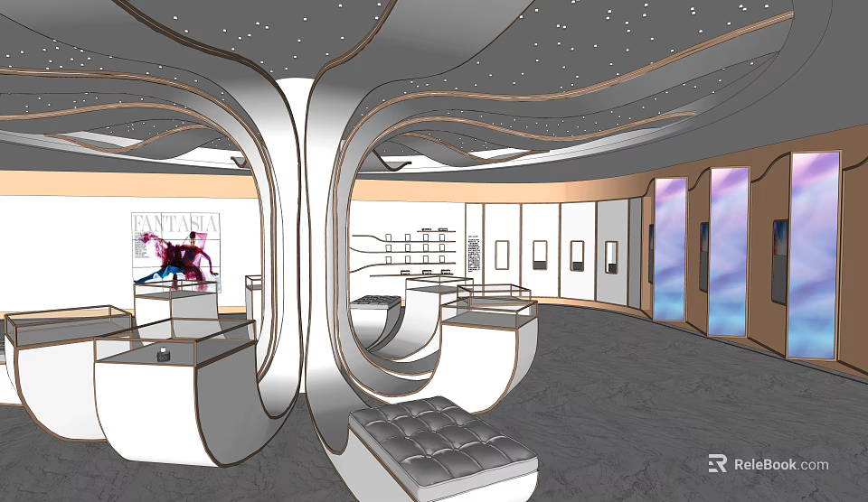 Luxury Exhibition Hall Interior With Curved Structures Display Counters Artwork Elegant Lighting And Ceiling Decorations 3d model 