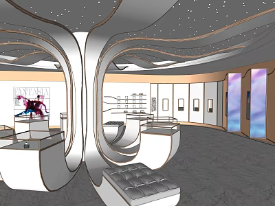 Luxury Exhibition Hall Interior With Curved Structures Display Counters Artwork Elegant Lighting And Ceiling Decorations 3d model