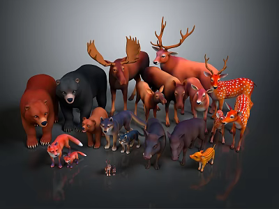 Colorful Wild Animal Figurine Collection With Bears Moose Deer Fox Wolf And Boar 3d model