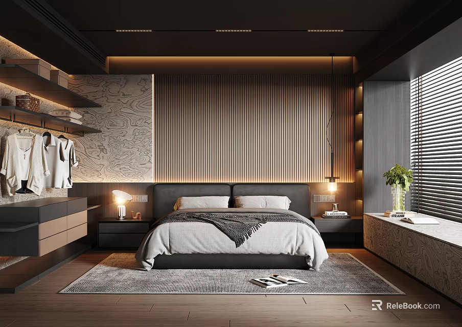 Modern Bedroom with Wooden Striped Headboard Bedside Lamp Wardrobe and Wooden Floor Rug 3d model 