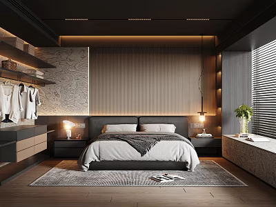 Modern Bedroom with Wooden Striped Headboard Bedside Lamp Wardrobe and Wooden Floor Rug 3d model