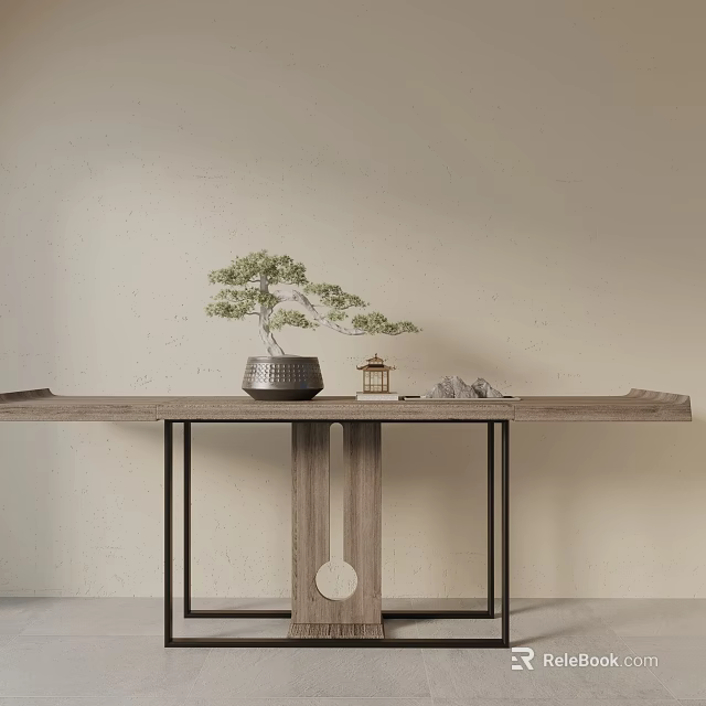 Natural Oriental Wooden Console Table In Entryway With Bonsai Tree And Lantern 3d model 