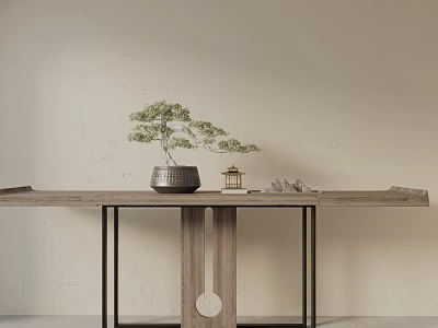 Natural Oriental Wooden Console Table In Entryway With Bonsai Tree And Lantern 3d model