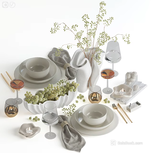 Dinnerware Set with Bowls Plates Wine Glasses Chopsticks Napkins and Candles for Dining Table 3d model 