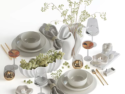 Dinnerware Set with Bowls Plates Wine Glasses Chopsticks Napkins and Candles for Dining Table 3d model