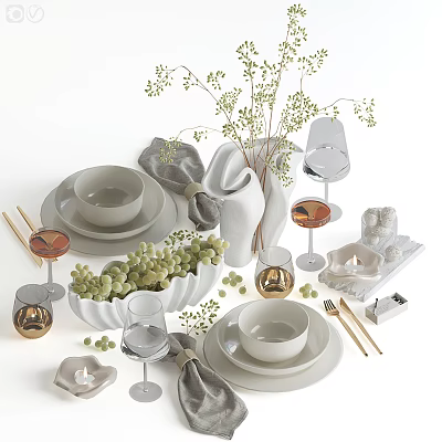 Dinnerware Set with Bowls Plates Wine Glasses Chopsticks Napkins and Candles for Dining Table 3d model