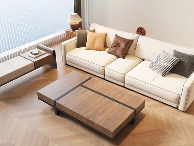 Modern Living Room Beige L shaped Sofa With Wooden Coffee Table And Decorative Pillows 3d model