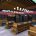 Modern Retail Store Interior With Wooden Shelves Blue Cabinets And Ceiling Lighting