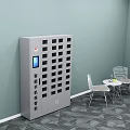 Smart Parcel Locker With White Chairs Small Round Table Light Blue Wall And Gray Floor 3d model