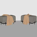 Modern Upholstered Sofa Stools With Gray Fabric And Brown Blanket On Black Metal Legs