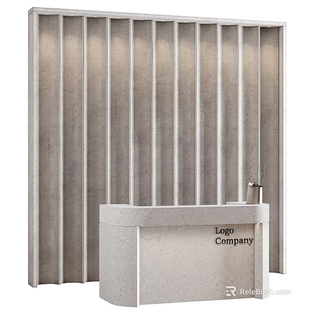 Modern Reception Desk With Striped Wall And Company Logo Design 3d model