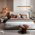 Modern Bedroom Interior Design With Upholstered Headboard White Wardrobes Wooden Floor And Indoor Plants