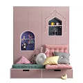 Modern Kids Wardrobe in Pink White Design with Display Shelves Hanging Clothes and Stuffed Toys