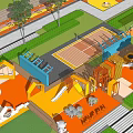 Colorful Kids Play Area With Play Equipment Greenery Seating And Sports Court